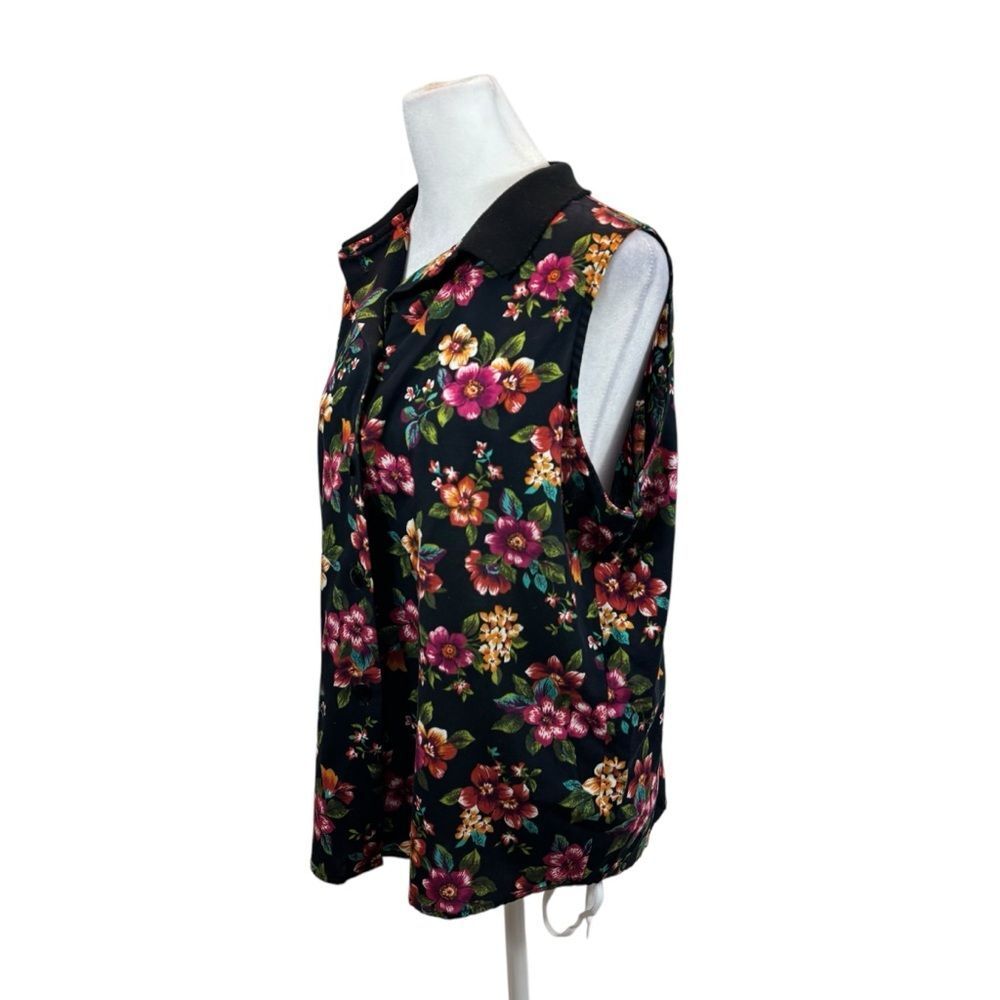 Vintage Cristin Stevens Black and Floral Sleeveless Button Down Blouse Large